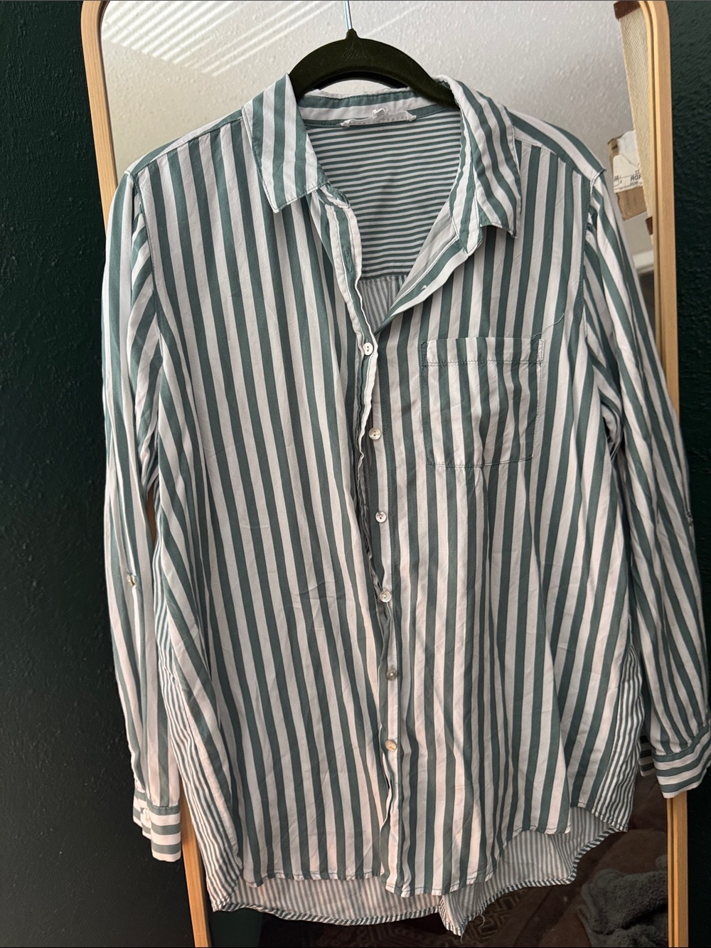 Jane and Delancey Green and White Vertical Stripe Button-Down Shirt